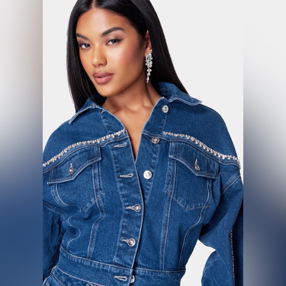 BEBE Rhinestone Detail Button Front Denim Jacket